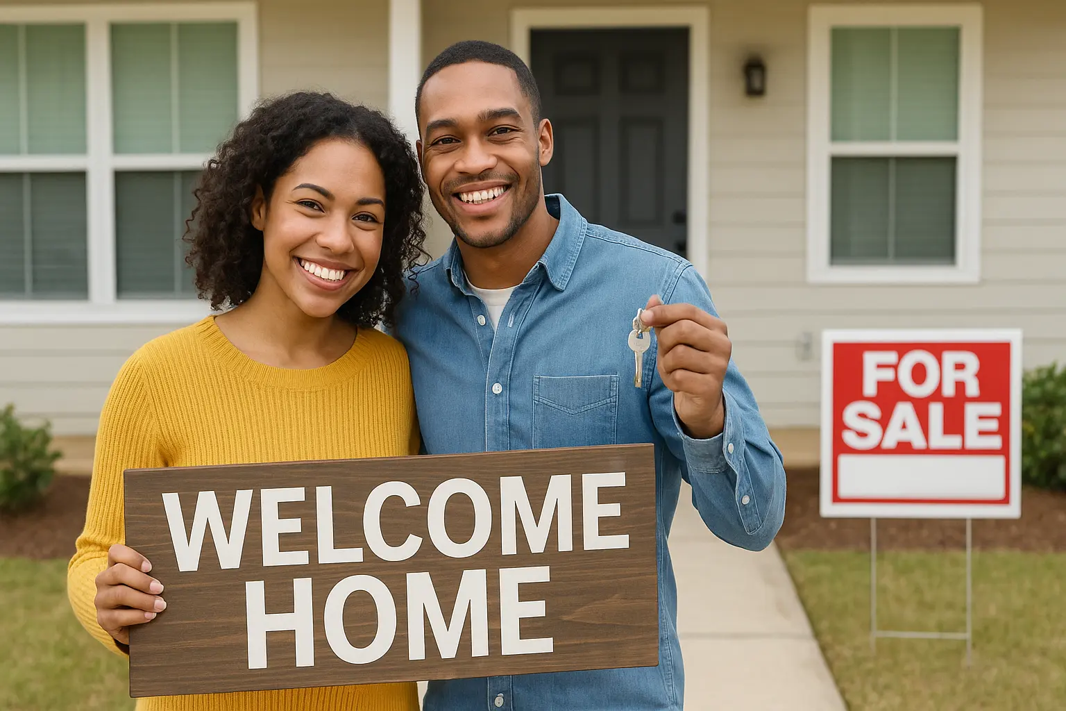 A smiling young couple stands in front of their new home, holding a "Welcome Home" sign and a set of keys, with a "For Sale" sign in the yard, celebrating their first home purchase.