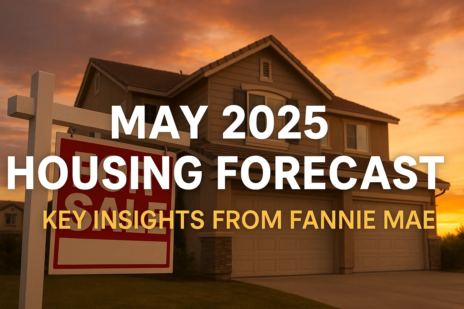 A “For Sale” sign stands in front of a modern suburban home at sunset, with bold text overlay reading “May 2025 Housing Forecast – Key Insights from Fannie Mae.” The warm sky and inviting home create a sense of optimism and anticipation about the housing market.