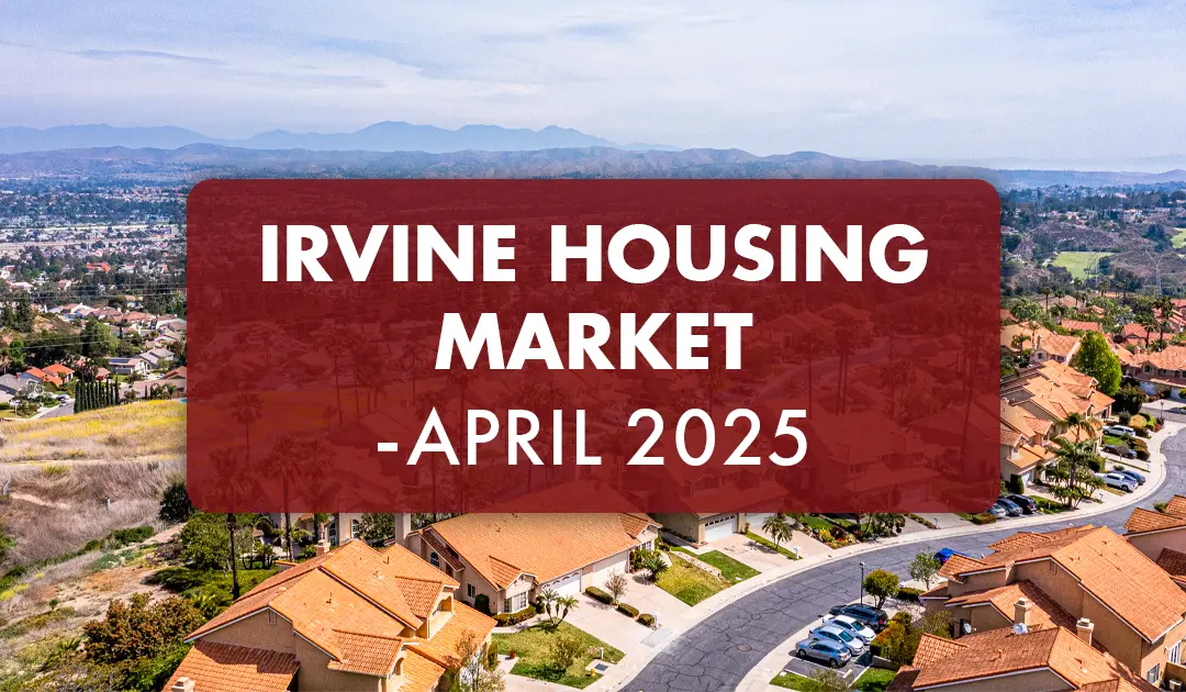 Aerial view of suburban homes in Irvine, California, with terracotta rooftops and palm trees, used to highlight the Irvine housing market trends in April 2025.